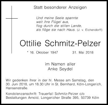 Anzeige von Ottilie Schmitz-Pelzer von Kölner Stadt-Anzeiger / Kölnische Rundschau / Express