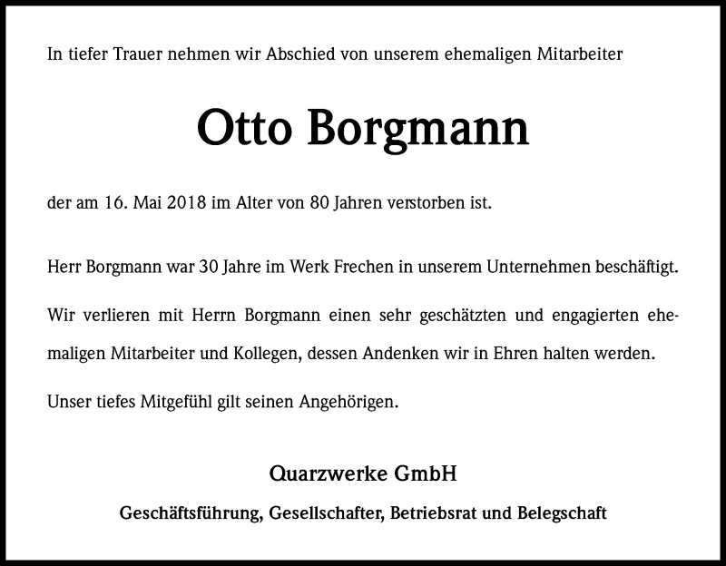  Traueranzeige für Otto Borgmann vom 02.06.2018 aus Kölner Stadt-Anzeiger / Kölnische Rundschau / Express
