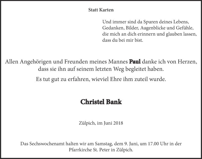  Traueranzeige für Paul Bank vom 02.06.2018 aus  Blickpunkt Euskirchen 