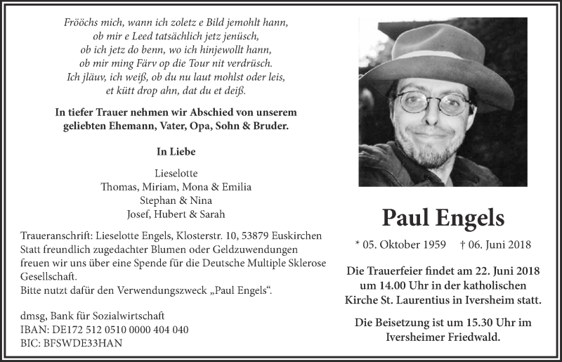  Traueranzeige für Paul Engels vom 16.06.2018 aus  Blickpunkt Euskirchen 