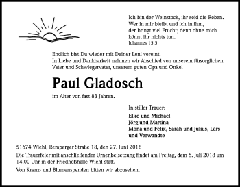 Anzeige von Paul Gladosch von Kölner Stadt-Anzeiger / Kölnische Rundschau / Express