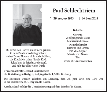 Anzeige von Paul Schlechtriem von  Sonntags-Post 