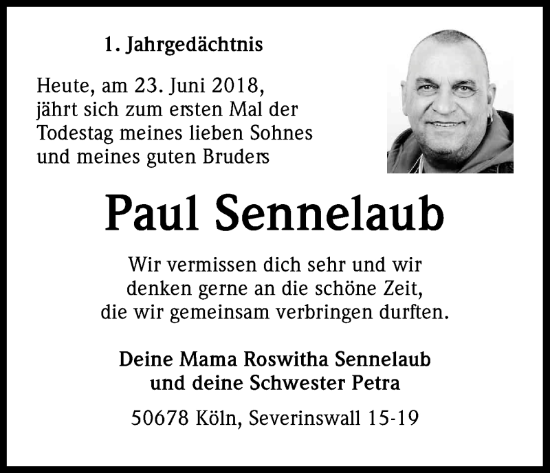  Traueranzeige für Paul Sennelaub vom 23.06.2018 aus Kölner Stadt-Anzeiger / Kölnische Rundschau / Express