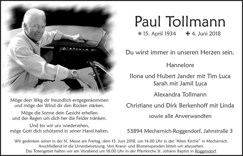  Traueranzeige für Paul Tollmann vom 09.06.2018 aus  Blickpunkt Euskirchen 