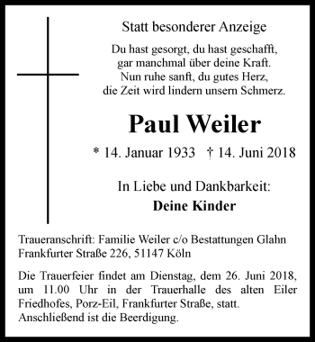 Anzeige von Paul Weiler von  Kölner Wochenspiegel 