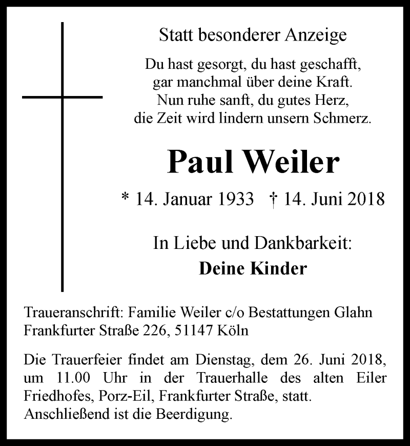  Traueranzeige für Paul Weiler vom 20.06.2018 aus  Kölner Wochenspiegel 