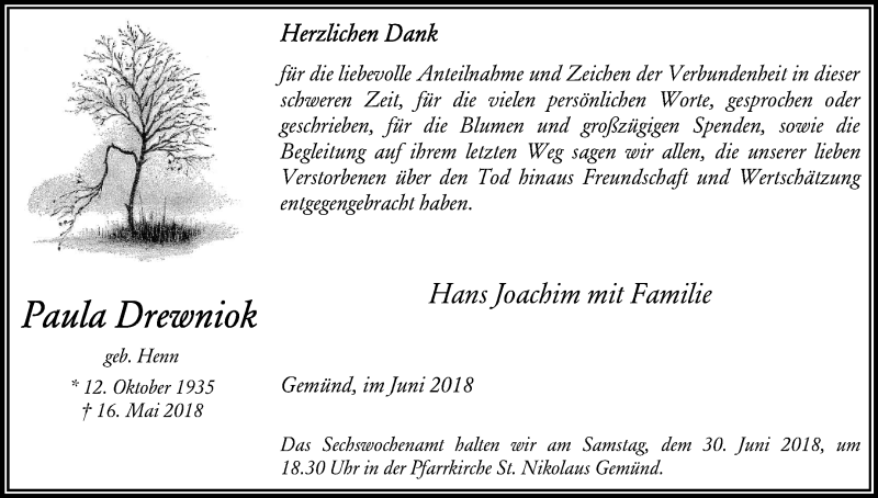  Traueranzeige für Paula Drewniok vom 23.06.2018 aus Kölner Stadt-Anzeiger / Kölnische Rundschau / Express