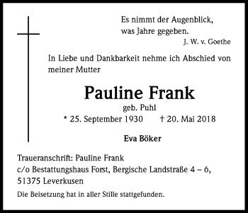 Anzeige von Pauline Frank von Kölner Stadt-Anzeiger / Kölnische Rundschau / Express