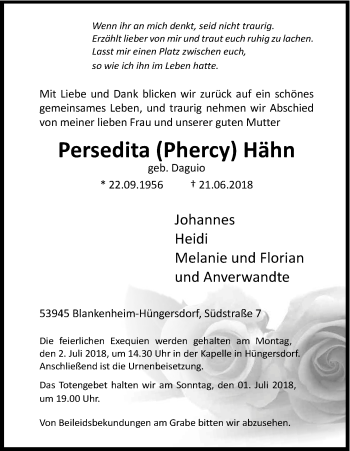 Anzeige von Persedita Hähn von Kölner Stadt-Anzeiger / Kölnische Rundschau / Express