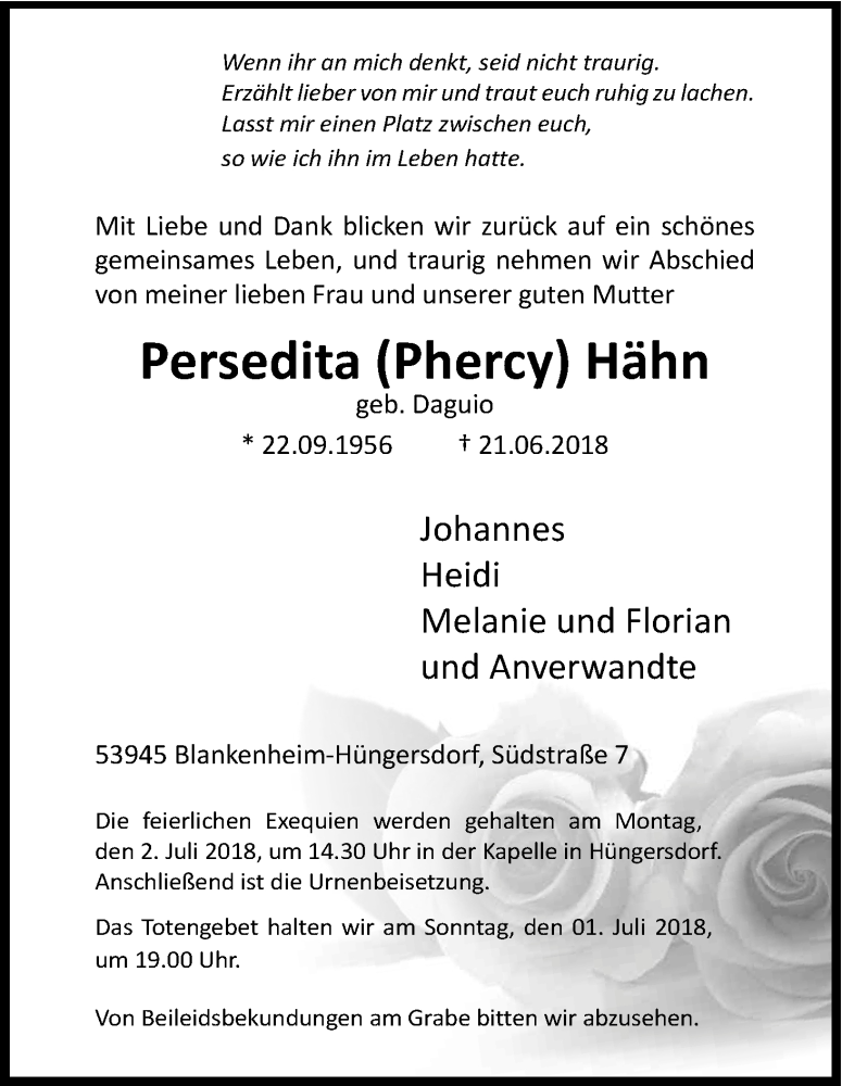  Traueranzeige für Persedita Hähn vom 27.06.2018 aus Kölner Stadt-Anzeiger / Kölnische Rundschau / Express