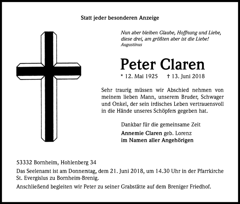  Traueranzeige für Peter Clanen vom 16.06.2018 aus Kölner Stadt-Anzeiger / Kölnische Rundschau / Express