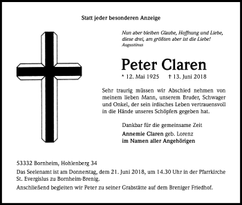 Anzeige von Peter Clanen von Kölner Stadt-Anzeiger / Kölnische Rundschau / Express