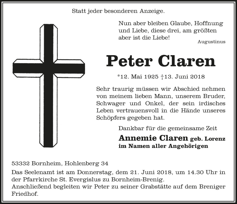  Traueranzeige für Peter Claren vom 20.06.2018 aus  Schaufenster/Blickpunkt 