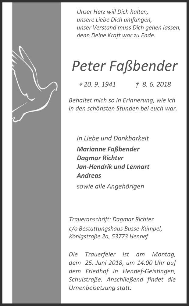 Traueranzeige für Peter Faßbender vom 16.06.2018 aus Kölner Stadt-Anzeiger / Kölnische Rundschau / Express