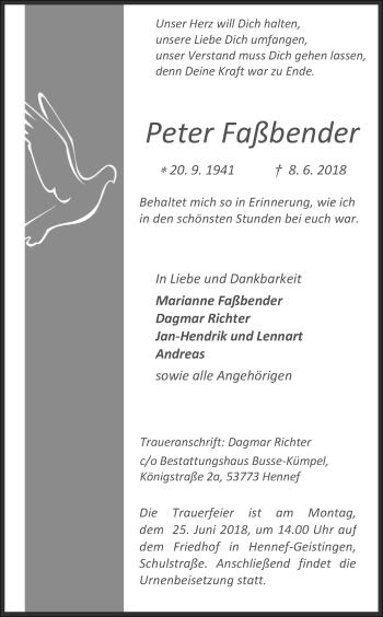 Anzeige von Peter Faßbender von Kölner Stadt-Anzeiger / Kölnische Rundschau / Express
