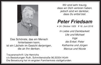 Anzeige von Peter Friedsam von  Wochenende 