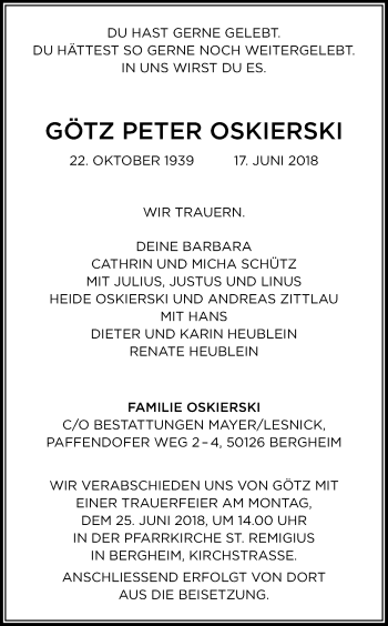 Anzeige von Peter Götz-Oskierski von Kölner Stadt-Anzeiger / Kölnische Rundschau / Express