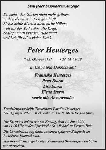 Anzeige von Peter Heuterges von  Sonntags-Post 