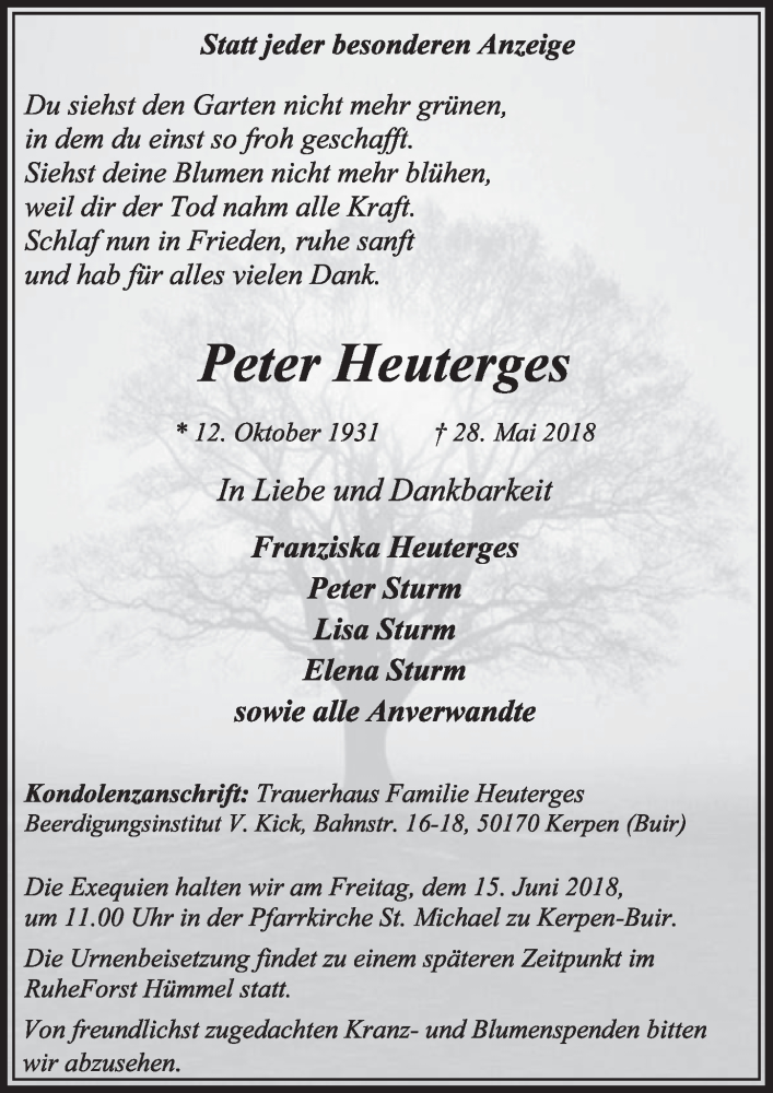  Traueranzeige für Peter Heuterges vom 09.06.2018 aus  Sonntags-Post 