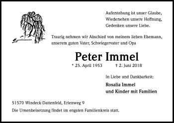 Anzeige von Peter Immel von Kölner Stadt-Anzeiger / Kölnische Rundschau / Express
