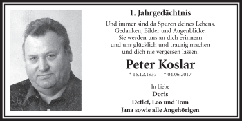 Anzeige von Peter Koslar von  Sonntags-Post 