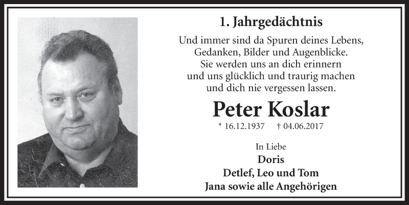  Traueranzeige für Peter Koslar vom 02.06.2018 aus  Sonntags-Post 
