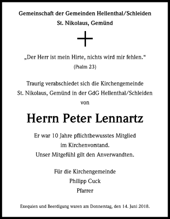 Anzeige von Peter Lennartz von Kölner Stadt-Anzeiger / Kölnische Rundschau / Express
