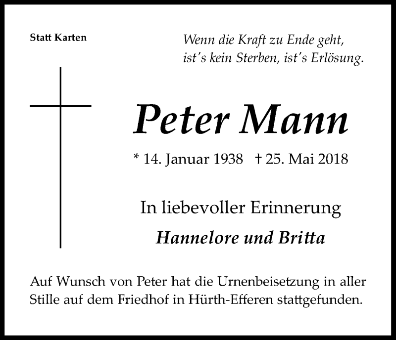  Traueranzeige für Peter Mann vom 09.06.2018 aus Kölner Stadt-Anzeiger / Kölnische Rundschau / Express