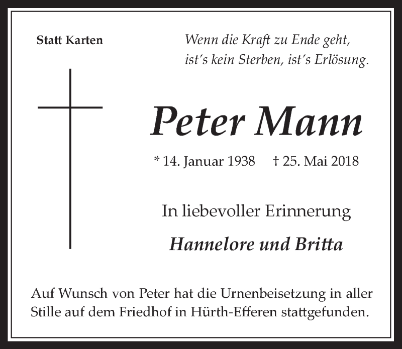  Traueranzeige für Peter Mann vom 13.06.2018 aus  Wochenende 