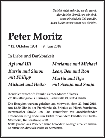 Anzeige von Peter Moritz von  Sonntags-Post 