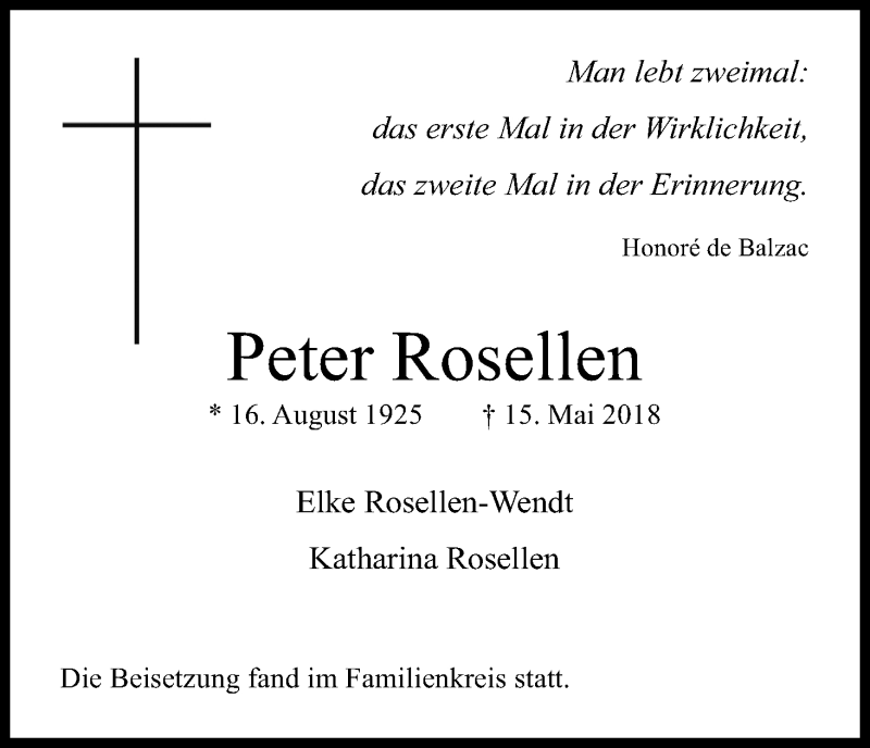  Traueranzeige für Peter Rosellen vom 16.06.2018 aus Kölner Stadt-Anzeiger / Kölnische Rundschau / Express