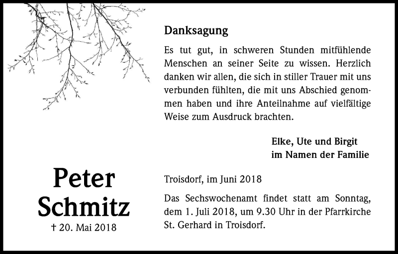  Traueranzeige für Peter Schmitz vom 16.06.2018 aus Kölner Stadt-Anzeiger / Kölnische Rundschau / Express