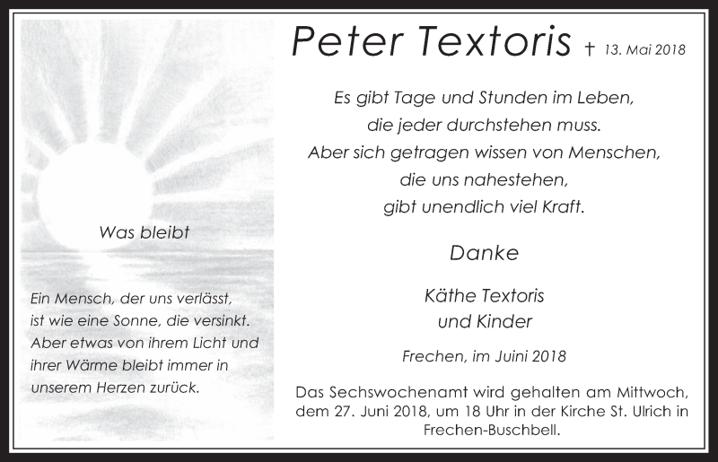  Traueranzeige für Peter Textoris vom 20.06.2018 aus  Wochenende 