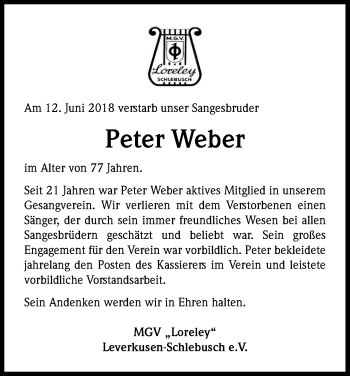 Anzeige von Peter Weber von Kölner Stadt-Anzeiger / Kölnische Rundschau / Express
