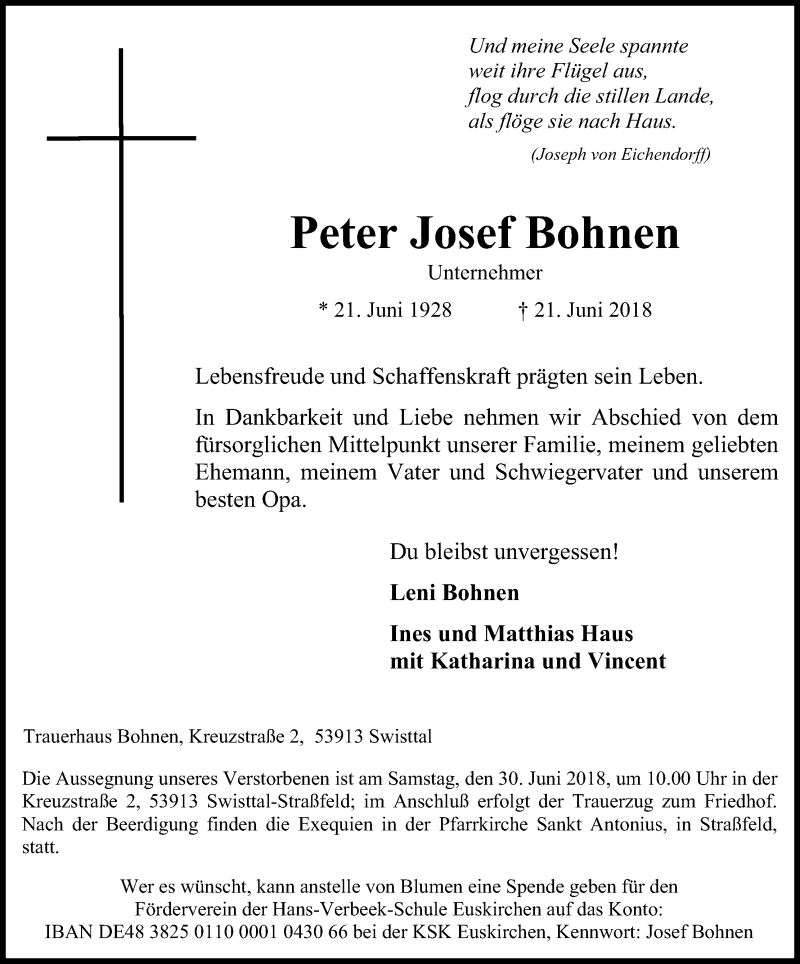  Traueranzeige für Peter Josef Bohnen vom 27.06.2018 aus Kölner Stadt-Anzeiger / Kölnische Rundschau / Express