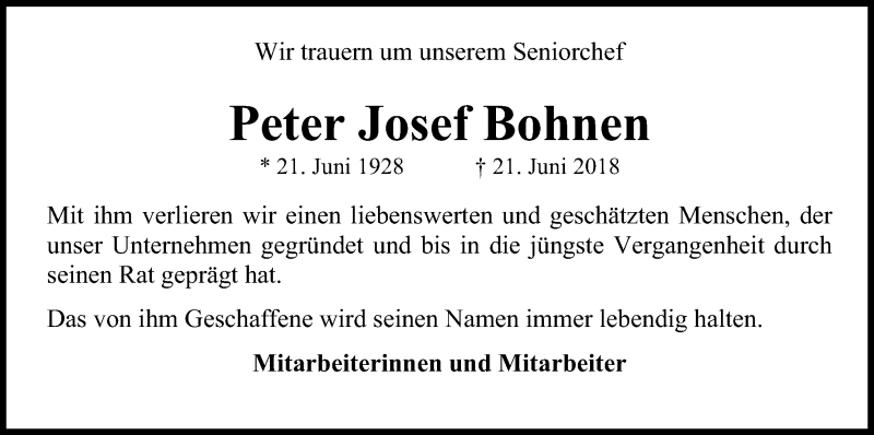 Traueranzeige für Peter Josef Bohnen vom 27.06.2018 aus Kölner Stadt-Anzeiger / Kölnische Rundschau / Express