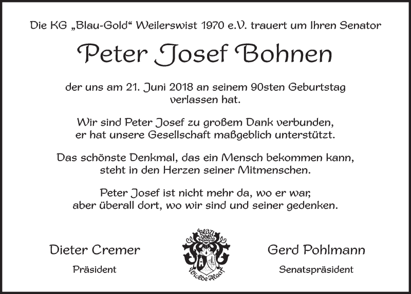  Traueranzeige für Peter Josef Bohnen vom 30.06.2018 aus  Blickpunkt Euskirchen 
