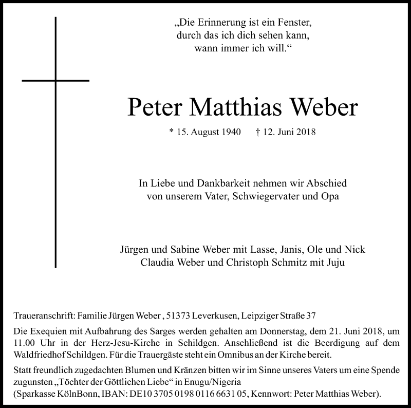  Traueranzeige für Peter Matthias Weber vom 16.06.2018 aus Kölner Stadt-Anzeiger / Kölnische Rundschau / Express