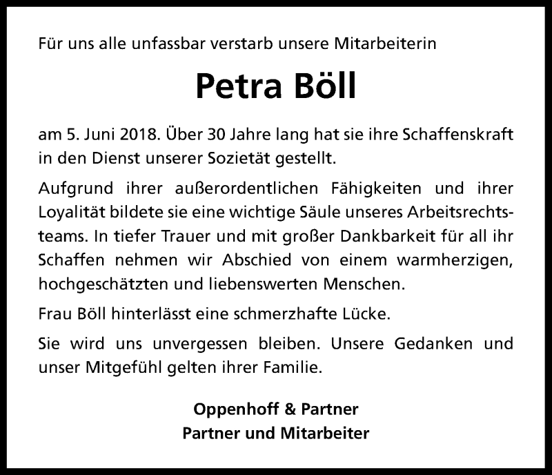  Traueranzeige für Petra Böll vom 13.06.2018 aus Kölner Stadt-Anzeiger / Kölnische Rundschau / Express