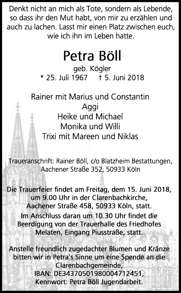  Traueranzeige für Petra Böll vom 09.06.2018 aus Kölner Stadt-Anzeiger / Kölnische Rundschau / Express