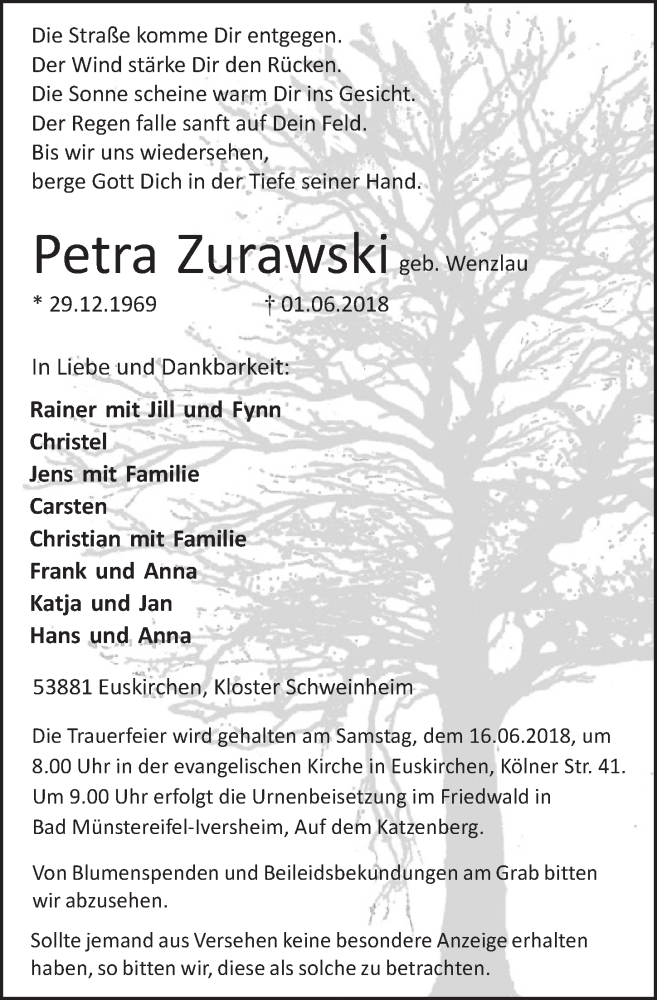  Traueranzeige für Petra Zurawski vom 09.06.2018 aus  Blickpunkt Euskirchen 