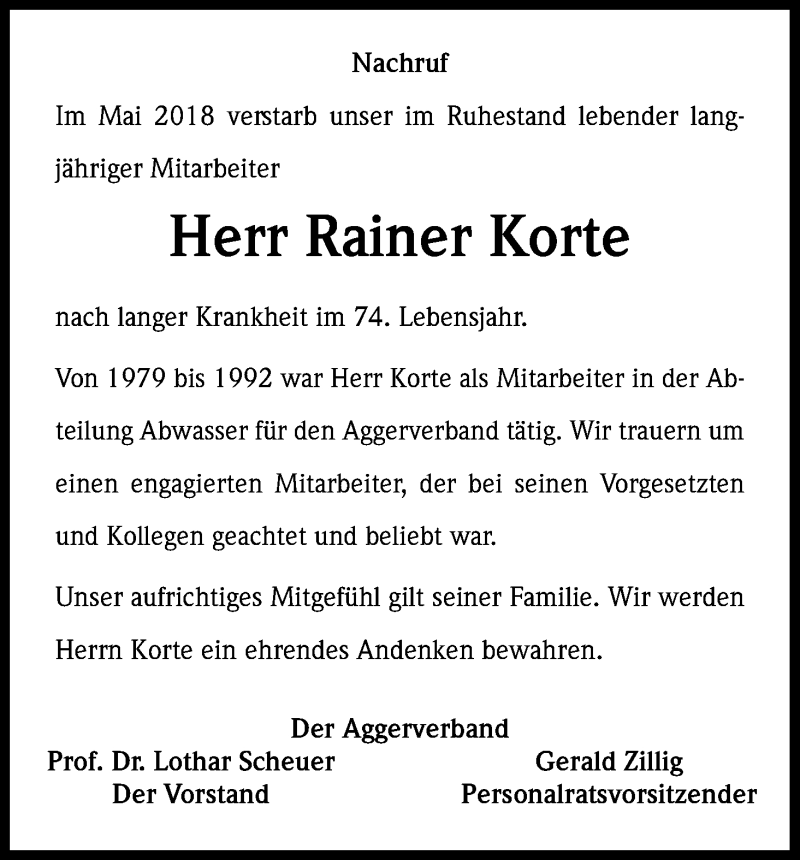  Traueranzeige für Rainer Korte vom 08.06.2018 aus Kölner Stadt-Anzeiger / Kölnische Rundschau / Express