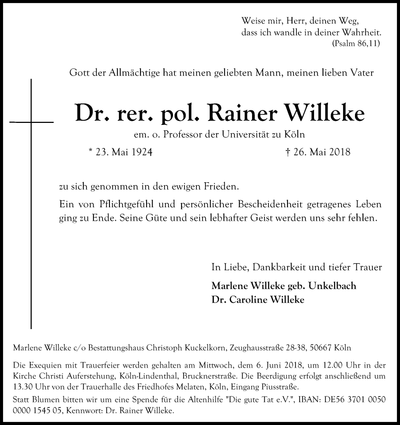  Traueranzeige für Rainer  Willeke vom 02.06.2018 aus Kölner Stadt-Anzeiger / Kölnische Rundschau / Express