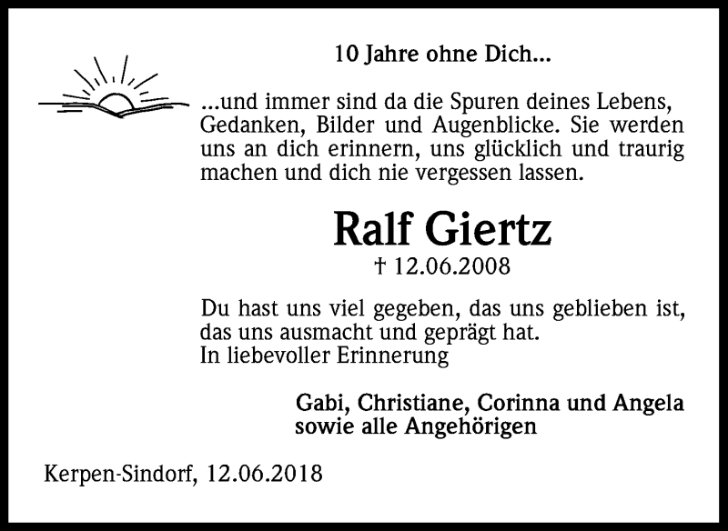  Traueranzeige für Ralf Giertz vom 12.06.2018 aus Kölner Stadt-Anzeiger / Kölnische Rundschau / Express