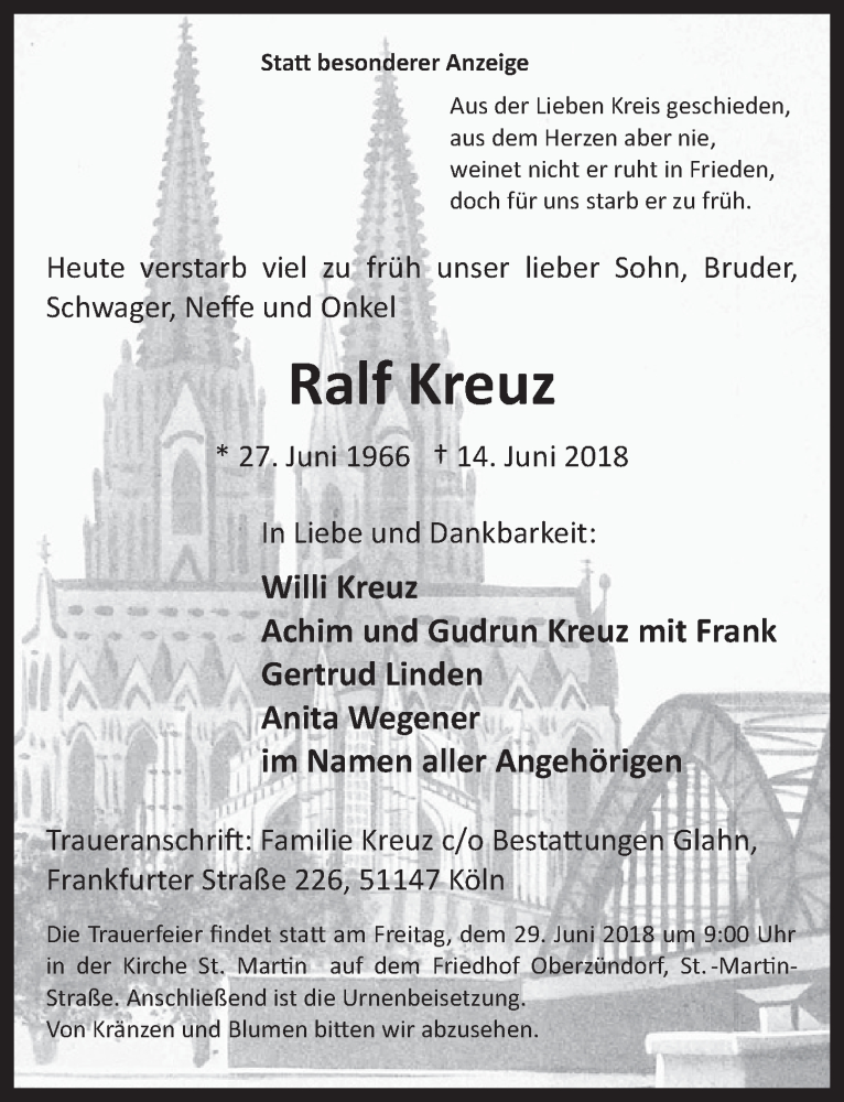  Traueranzeige für Ralf Kreuz vom 20.06.2018 aus  Kölner Wochenspiegel 