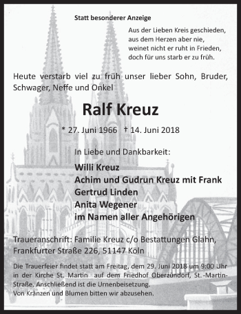 Anzeige von Ralf Kreuz von  Kölner Wochenspiegel 