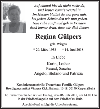 Anzeige von Regina Gülpers von  Sonntags-Post 