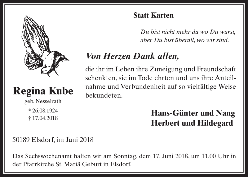 Traueranzeige für Regina Kube vom 13.06.2018 aus  Werbepost 
