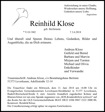 Anzeige von Reinhild Klose von Kölner Stadt-Anzeiger / Kölnische Rundschau / Express