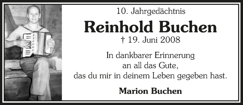  Traueranzeige für Reinhold Buchen vom 20.06.2018 aus  Lokalanzeiger 